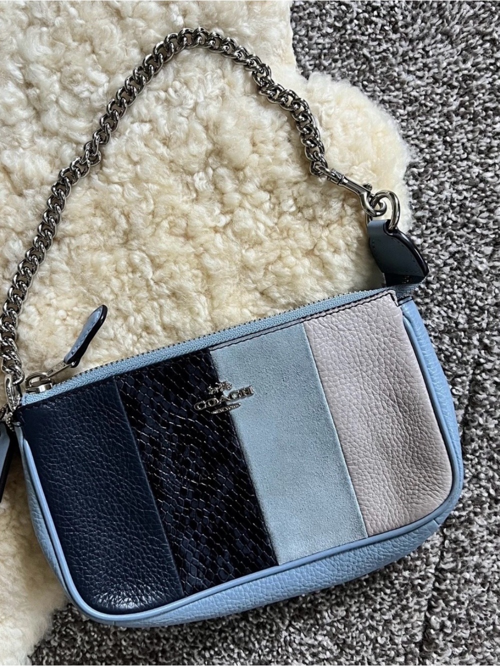 Coach Nolita 19 Patchwork Leather Wristlet in Navy, Black, Light Blue, Gray